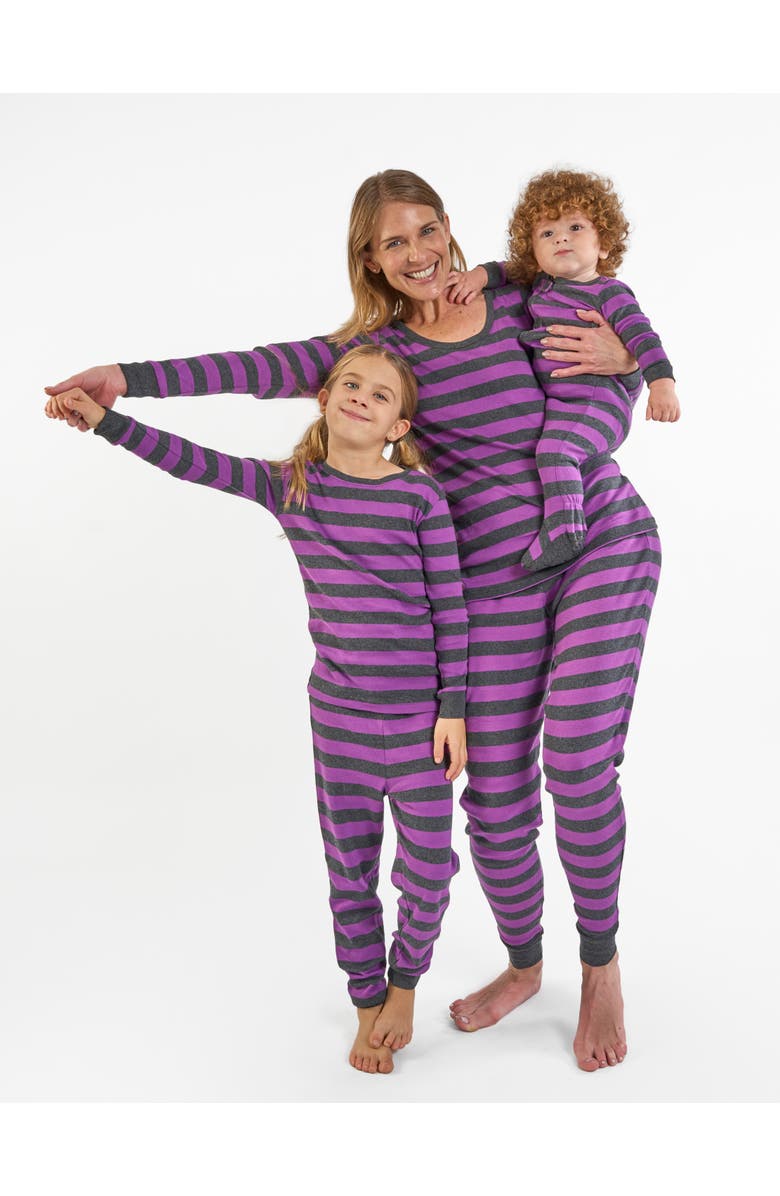 Leveret Footed Striped Cotton Matching Family Pajamas, Alternate, color, Purple & Dark Gray