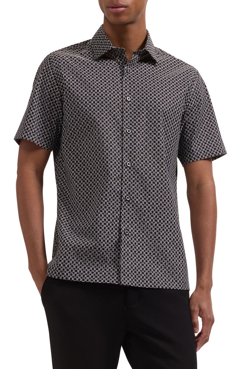 Bugatchi Vero Shaped Fit Geometric Print Short Sleeve Button-Up Shirt, Main, color, Black