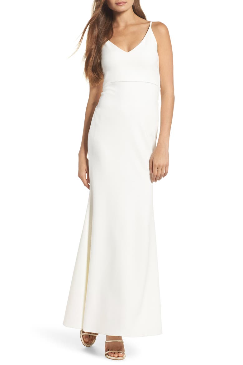 V-Neck Trumpet Gown, Main, color, WHITE