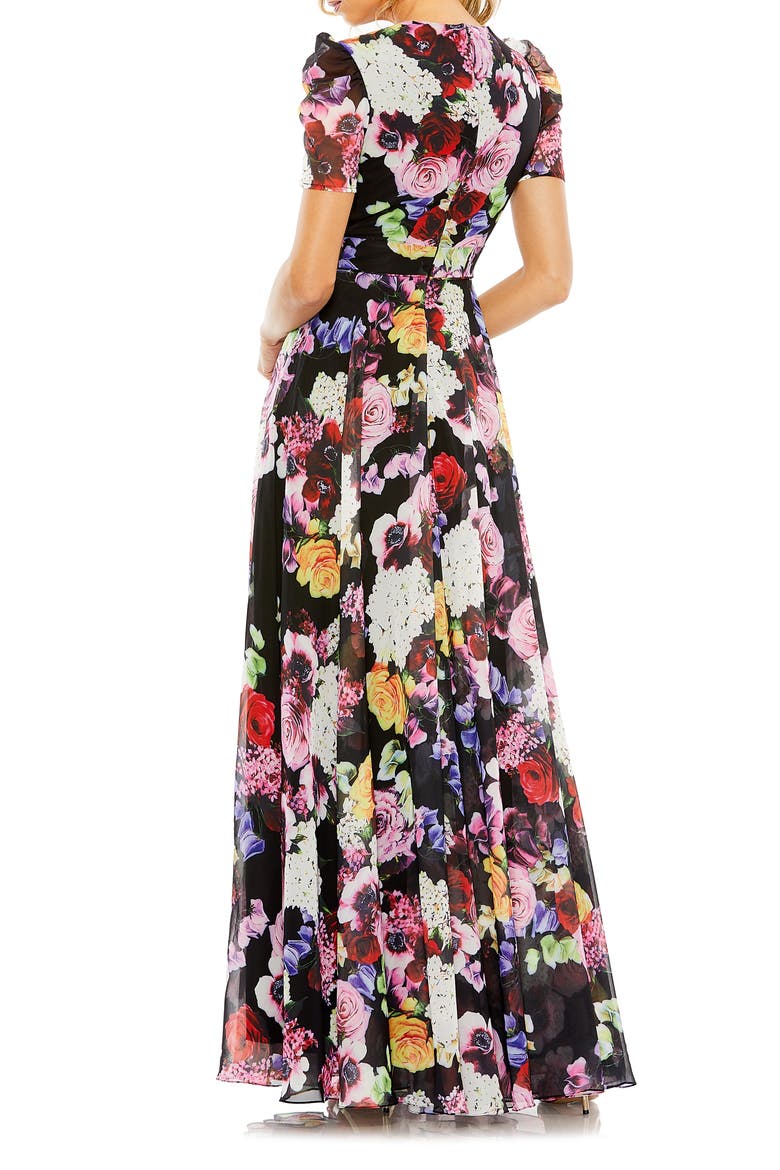 Floral print mesh cap sleeve gown, Alternate, color, BLACK MULTI