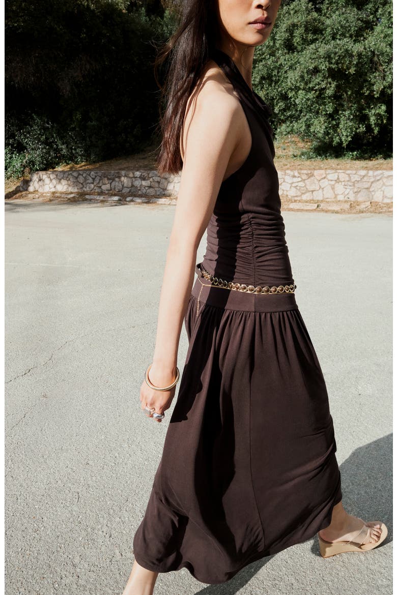 Osana Ruched Drop Waist Halter Midi Dress, Alternate, color, BROWN
