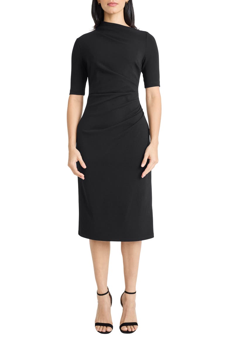 Ruched Midi Sheath Dress, Main, color, BLACK