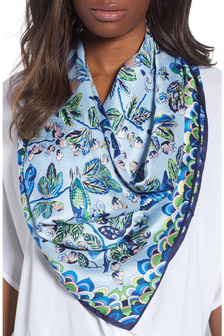 Flight of Fancy Square Silk Scarf, Main, color, BLUE BELL