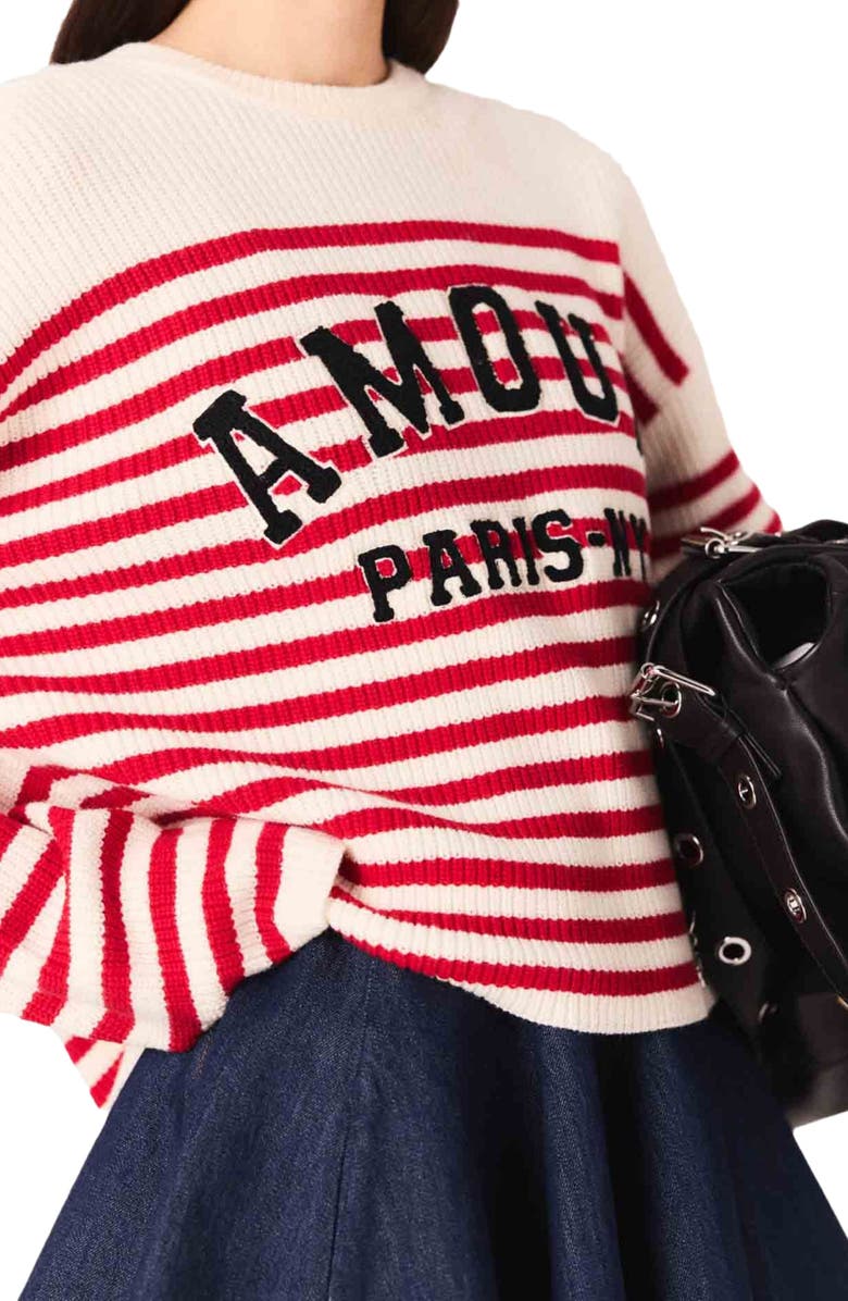maje Striped rib knit sweater, Alternate, color, Ecru /Red