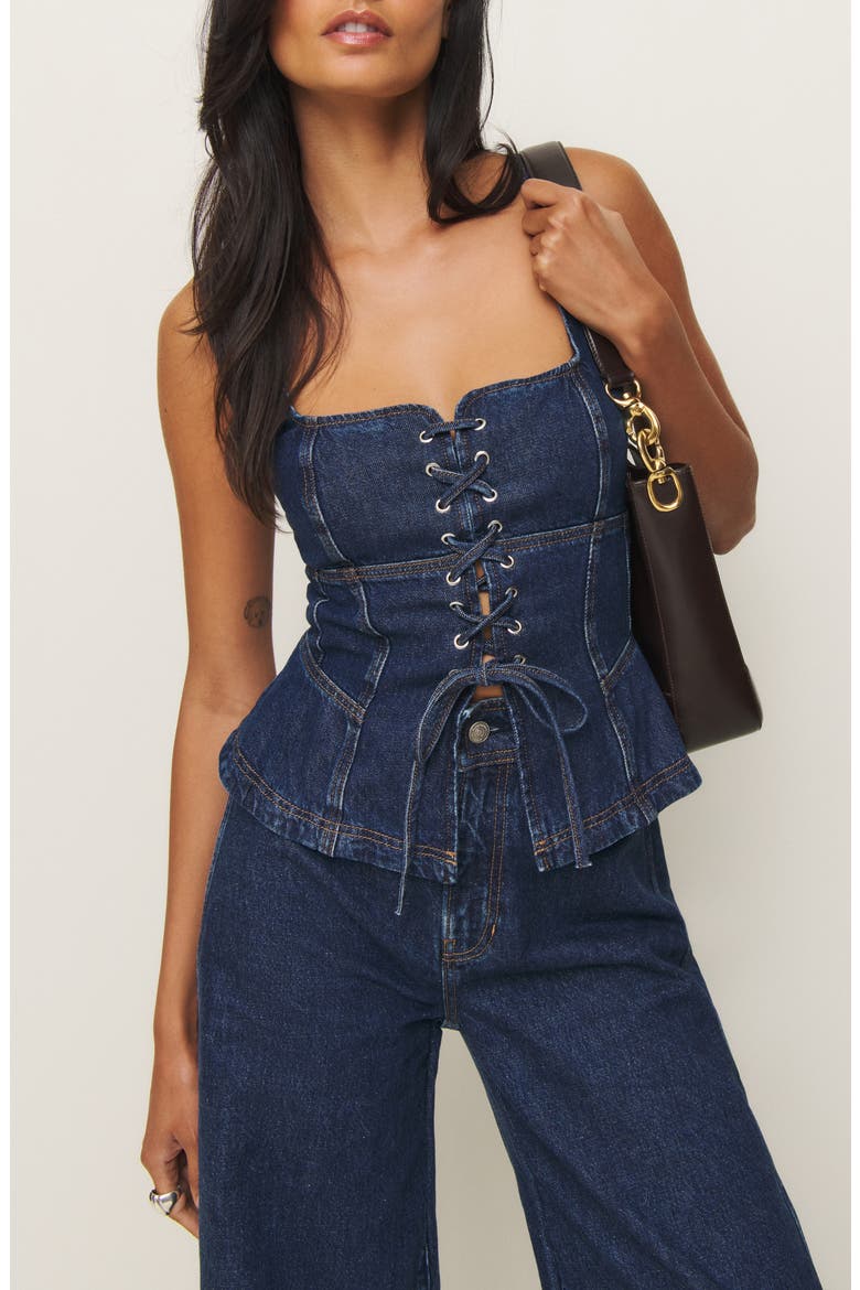 x Kacey Musgraves Dallas Organic Cotton Blend Denim Corset Top, Main, color, ELWOOD