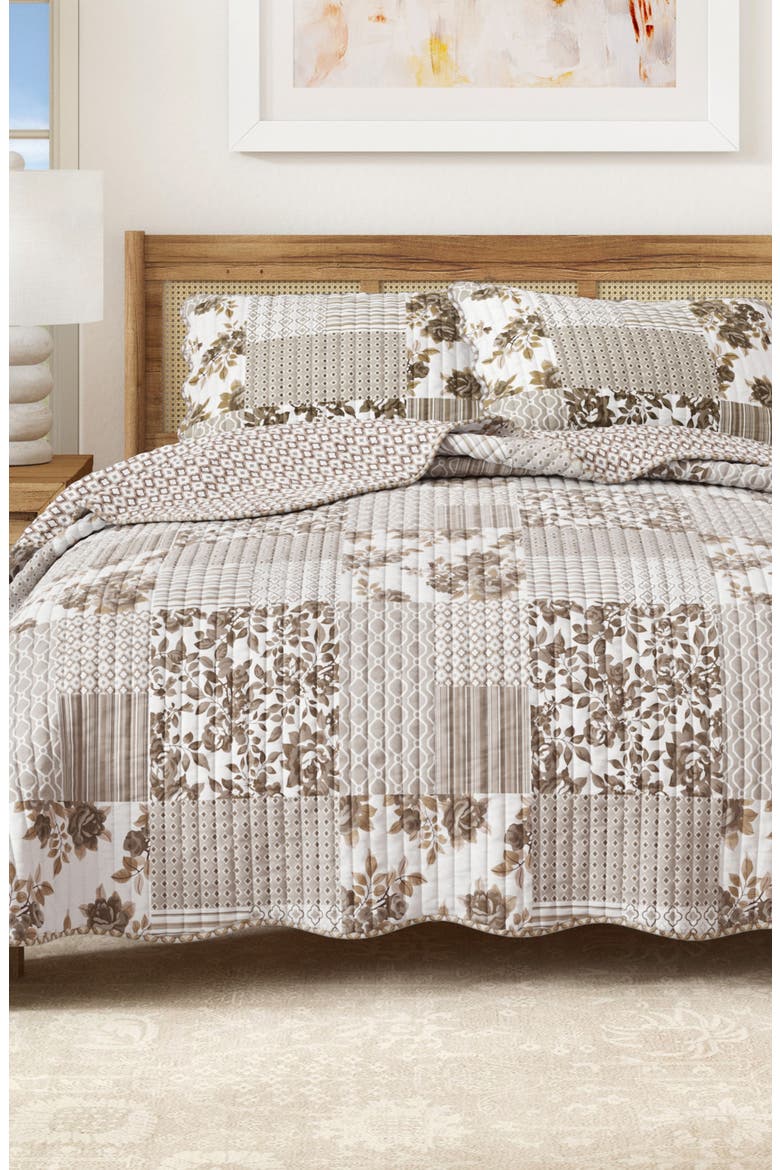 Langdon Scalloped Quilt 3-Piece Set, Alternate, color, LANGDON PATCHWORK TAUPE