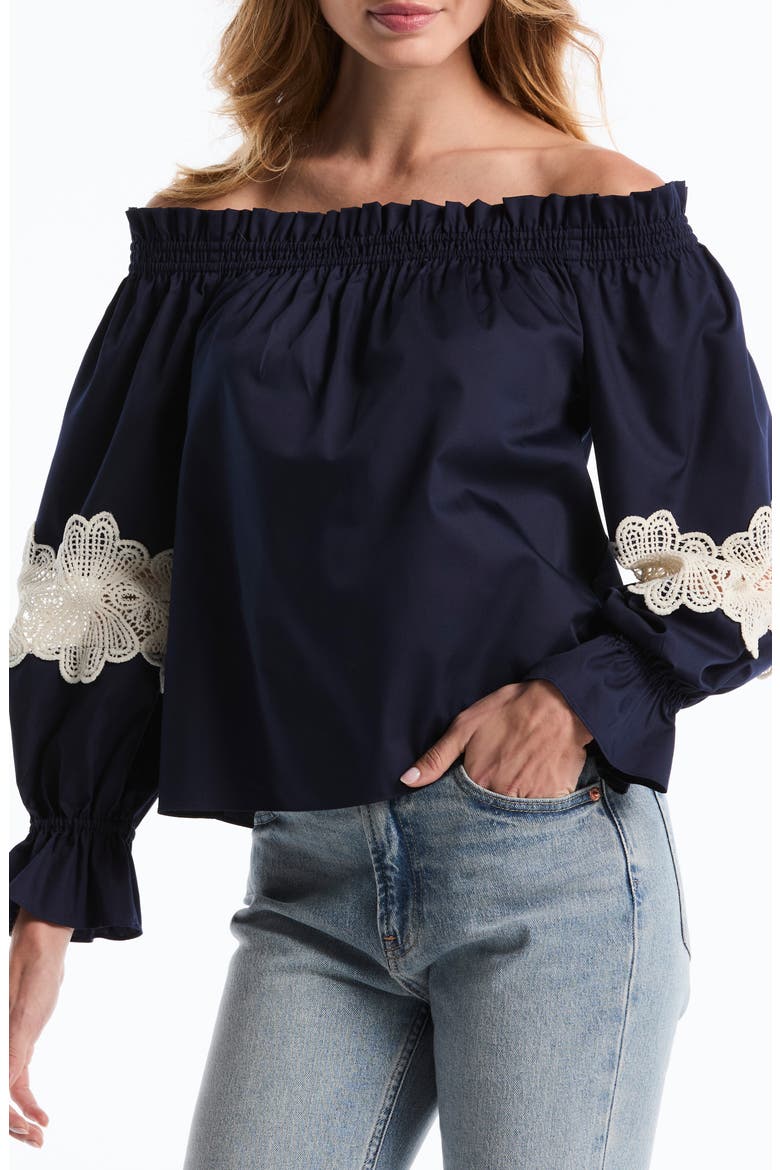 Embroidered Off-the-Shoulder Long Sleeve Top, Main, color, PEACOAT
