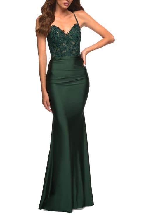 LA FEMME LA FEMME JEWEL TONE JERSEY GOWN WITH SHEER LACE BODICE