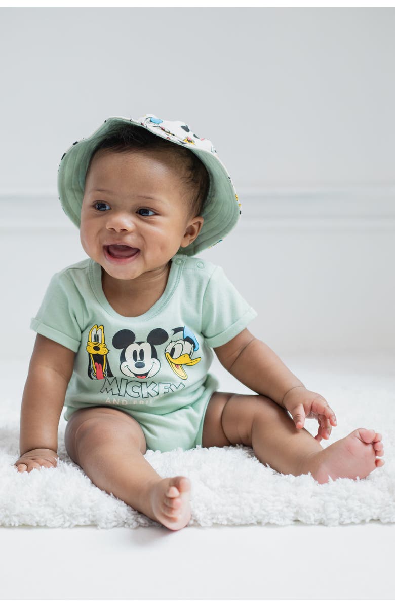 Disney Mickey Mouse 2-Piece Romper and Bucket Hat Set, Alternate, color, Mickey Friends Mint
