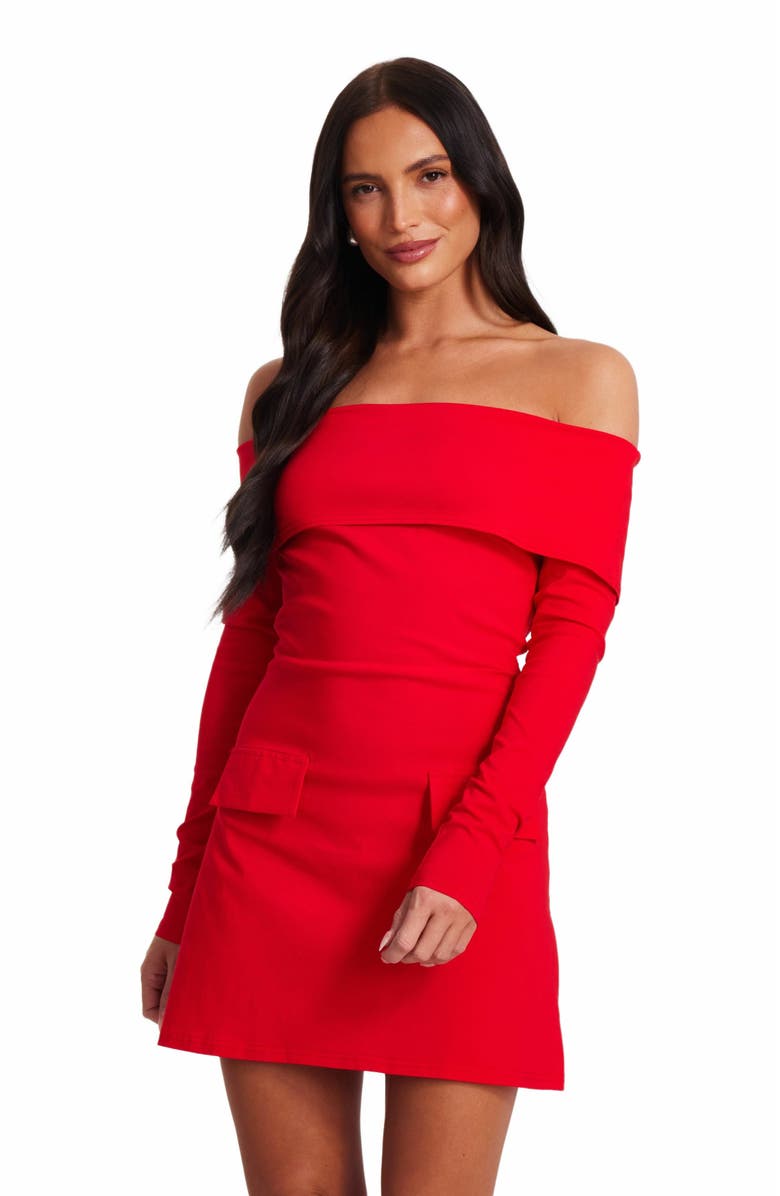 QUIZ Bengaline Bardot Long Sleeve Mini Dress, Alternate, color, Red