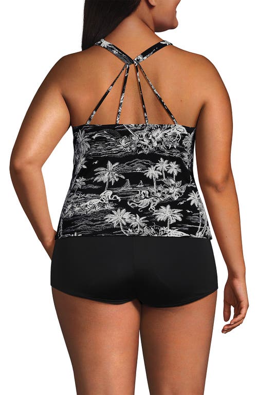 Lands' End Tugless High Neck Strappy Back Tankini Swimsuit Top In Black Tropical Scene