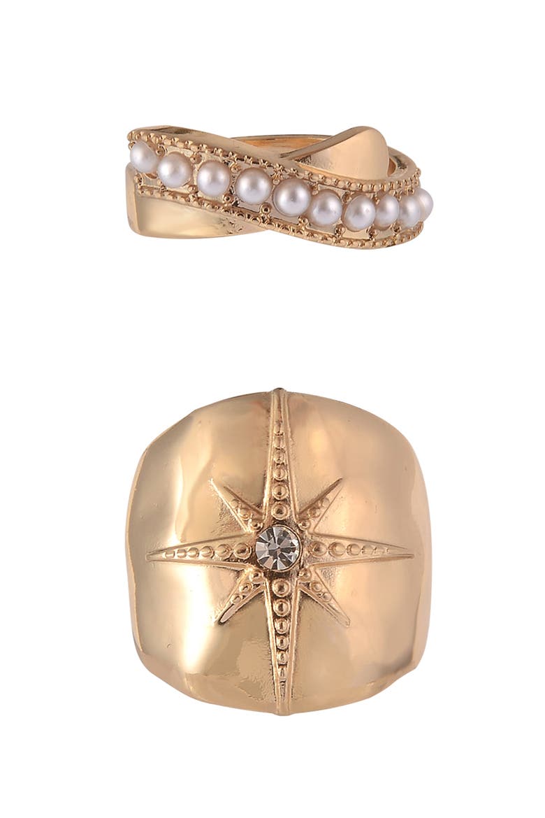 Set of 2 Faux Pearl & Crystal Band Rings, Main, color, GOLD