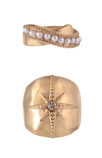 Rachel Rachel Roy Set Of 2 Faux Pearl & Crystal Band Rings In Gold