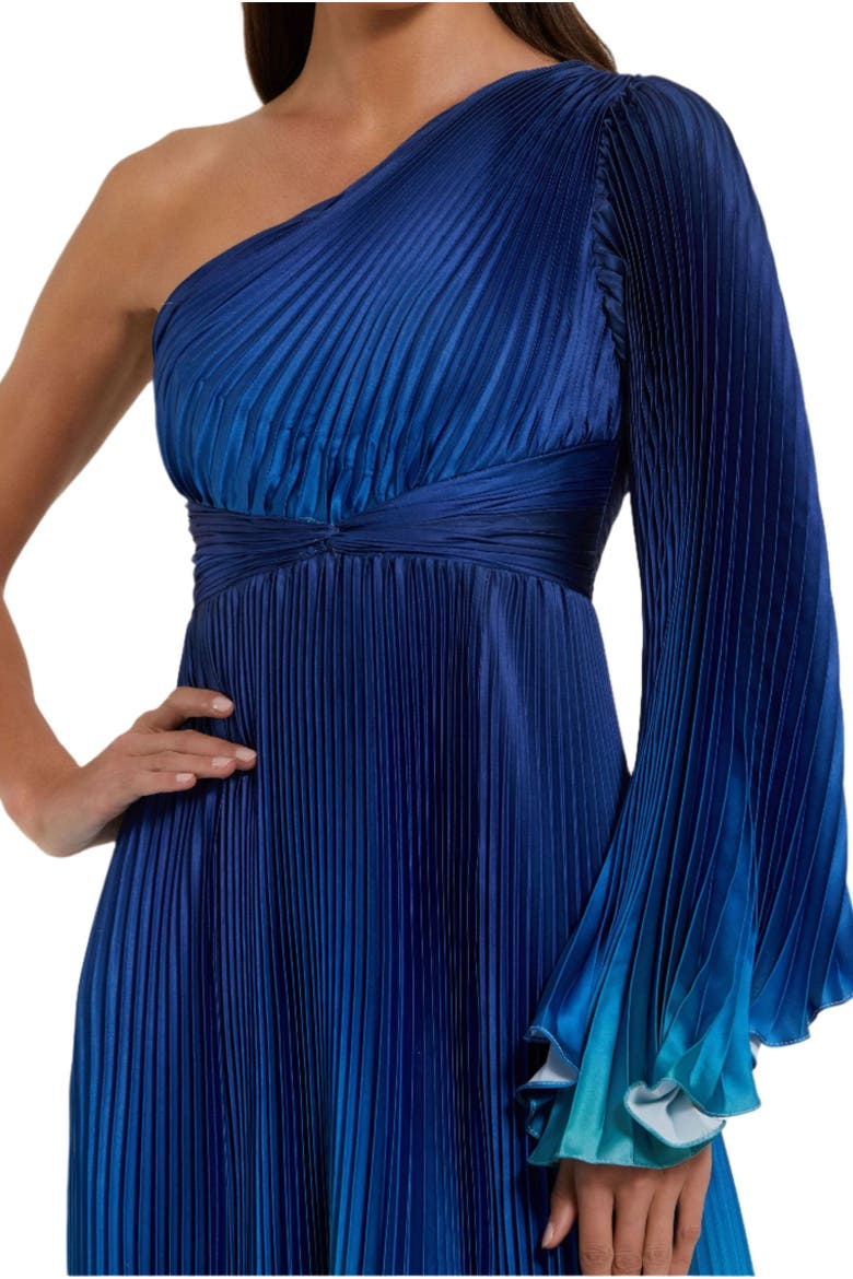 Pleated Charmeuse One-Shoulder Flare Sleeve Gown, Alternate, color, Blue Ombre
