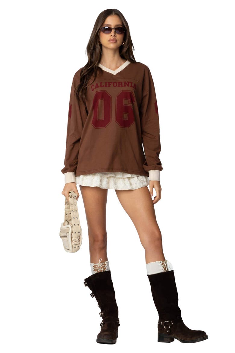Cali 06 Oversize Long Sleeve Cotton Graphic Football T-Shirt, Alternate, color, BROWN