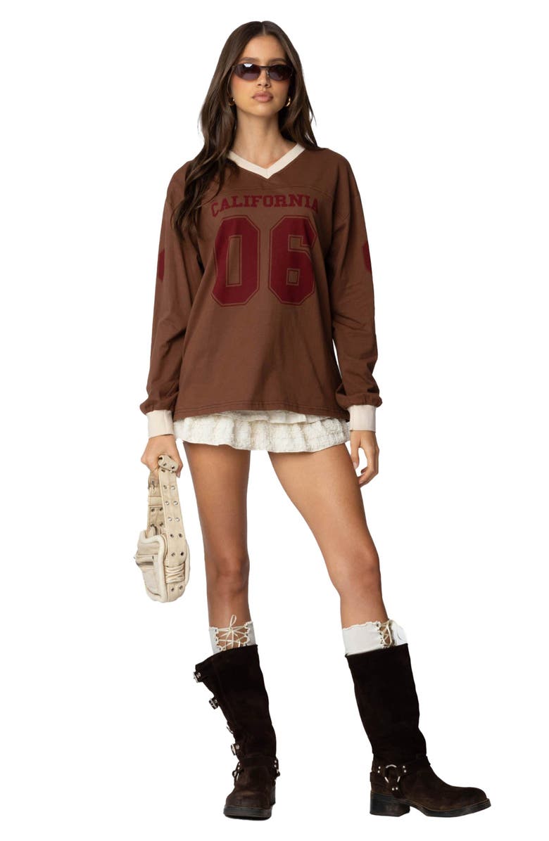 EDIKTED Cali 06 Oversize Long Sleeve Cotton Graphic Football T-Shirt, Alternate, color, Brown