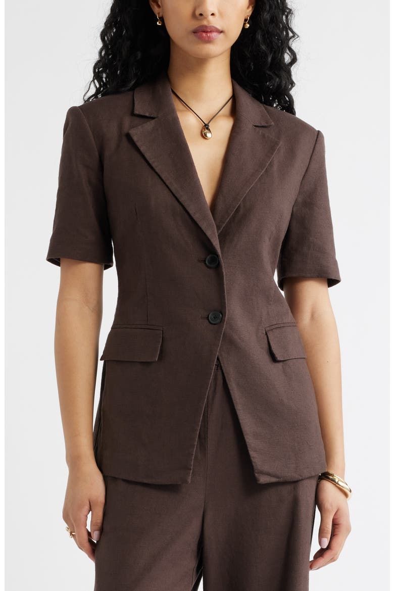 Short Sleeve Linen Blend Blazer, Main, color, BROWN SEAL
