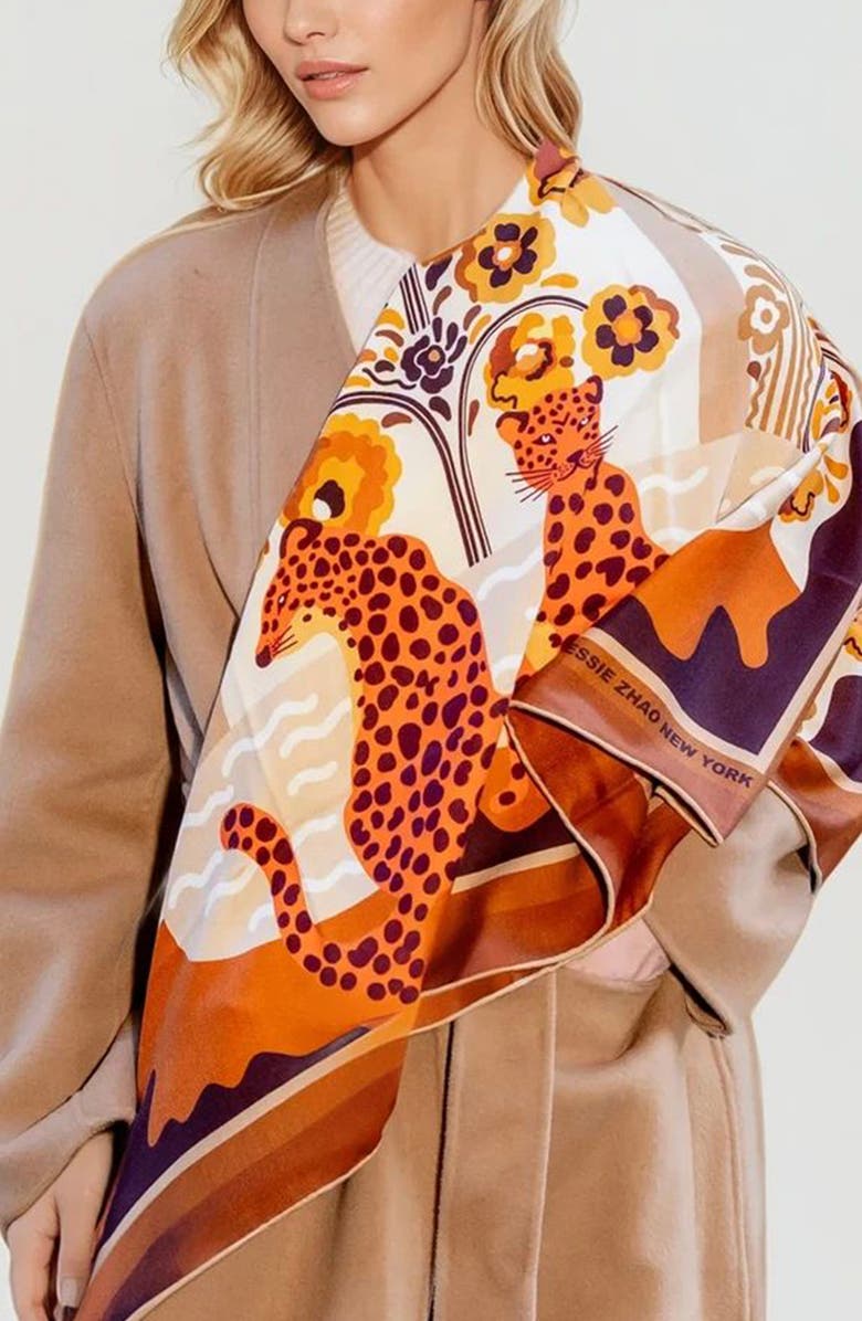 Jessie Zhao New York Double Sided Wool Silk Scarf Of Leopards With Floral Fountain, Alternate, color, Brown