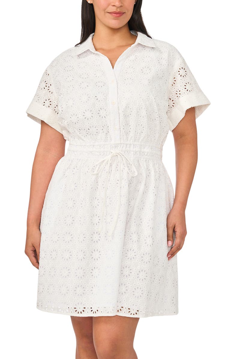 CeCe Short Sleeve Cotton Eyelet Shirtdress, Alternate, color, Ultra White