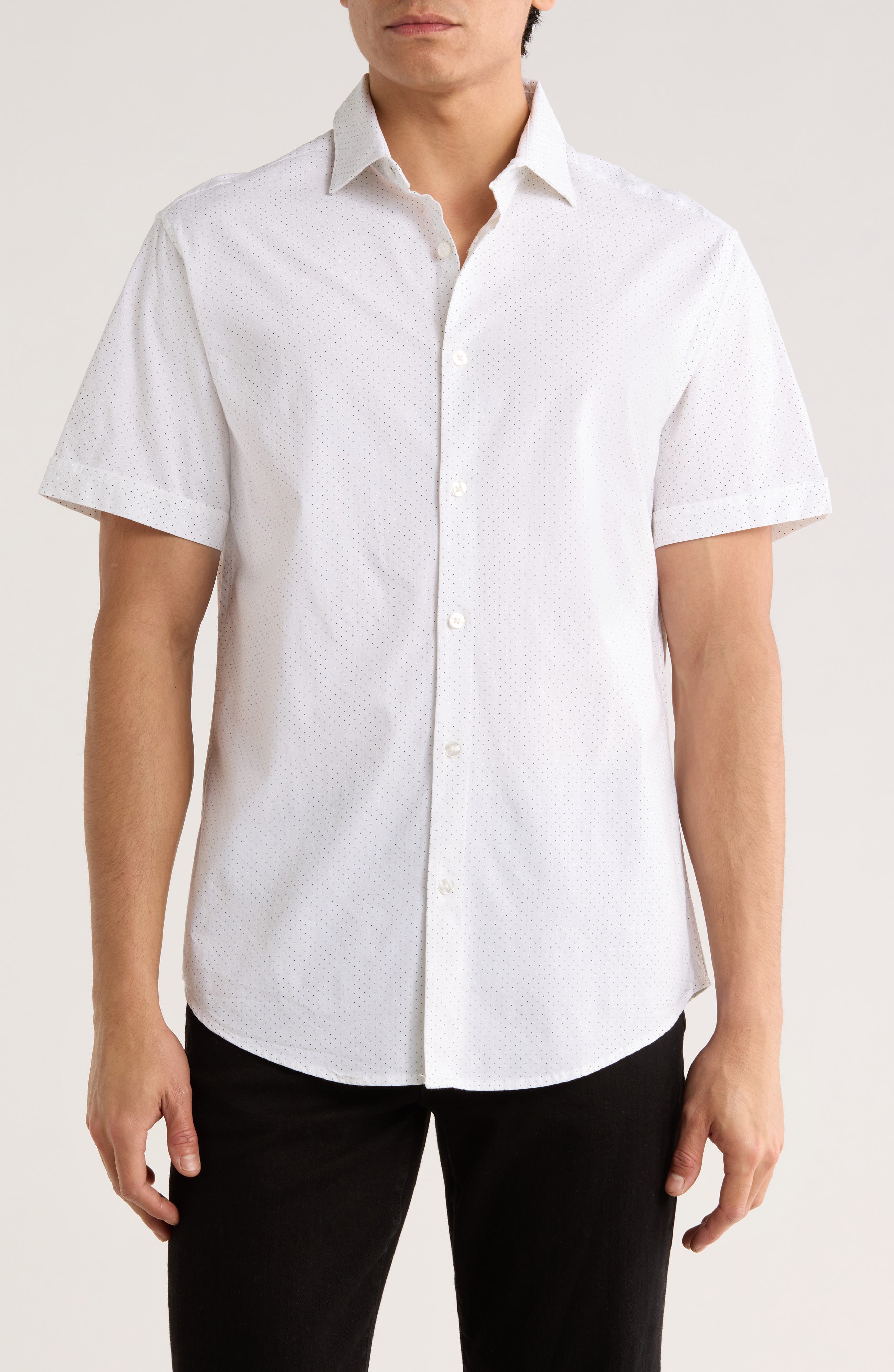 DENIM AND FLOWER White With Black Dots Short Sleeve Button-Up Shirt