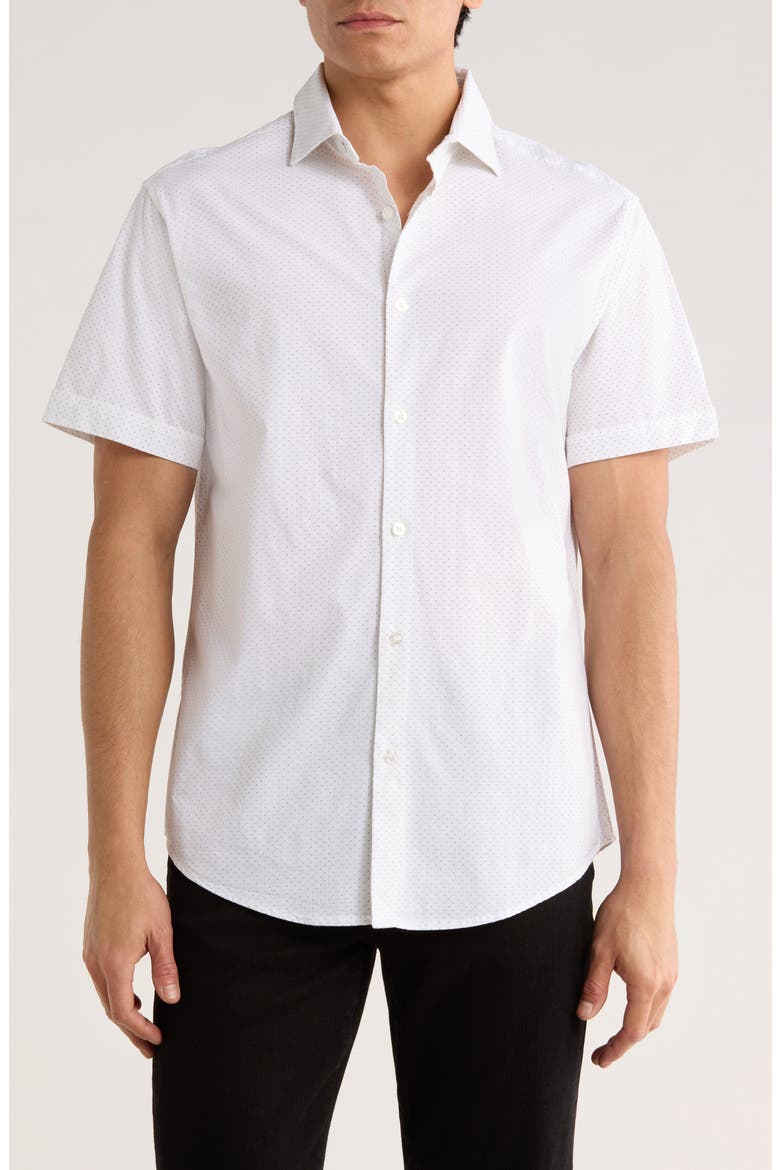 White With Black Dots Short Sleeve Button-Up Shirt, Main, color, WHITE