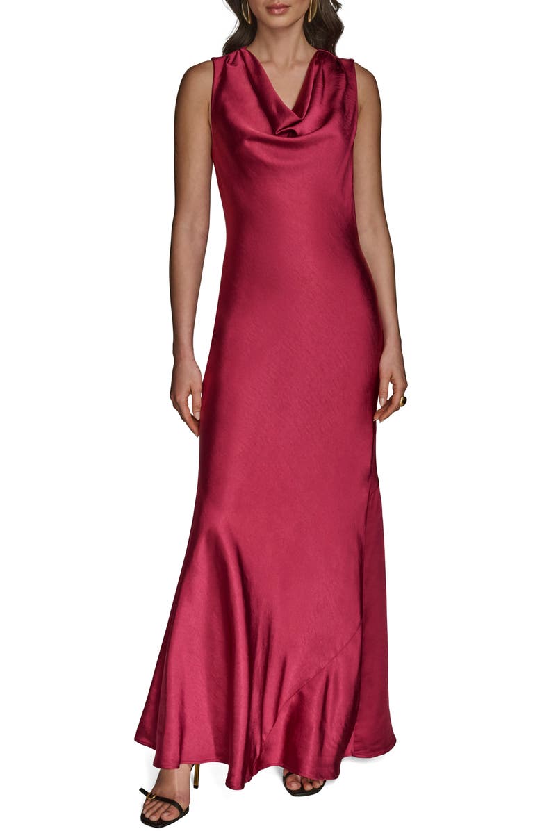 Donna Karan New York Cowl Neck Satin Cocktail Maxi Dress, Main, color, Sangria