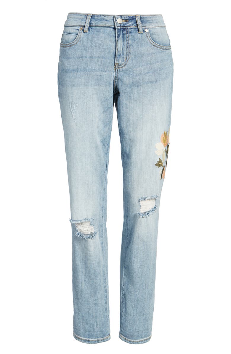 Caslon<sup>®</sup> Ripped & Floral Embroidered Straight Leg Jeans, Alternate, color, 