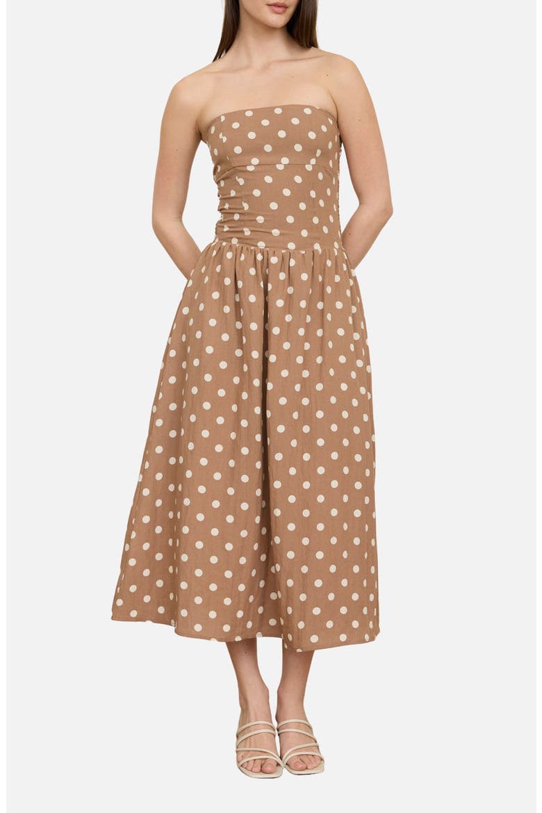 Polka Dot Strapless Midi Dress, Main, color, BROWN