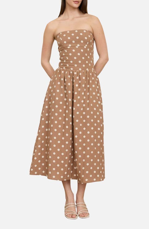 Polka Dot Strapless Midi Dress