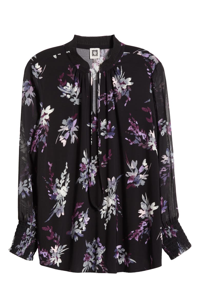 Anne Klein Floral Pleat Neck Chiffon Sleeve Top, Alternate, color,