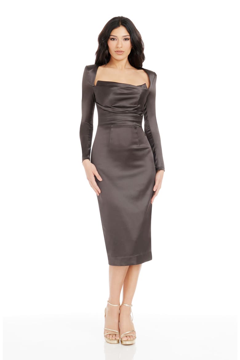 Pamela Long Sleeve Satin Cocktail Dress, Alternate, color, MOCHA