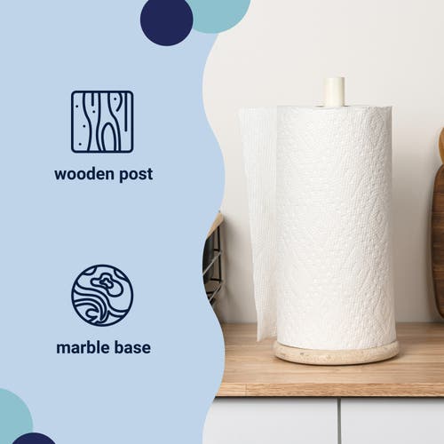 Happimess Avery Modern Classic Metal With Non Slip Weighted Marble Base Paper Towel Holder In White