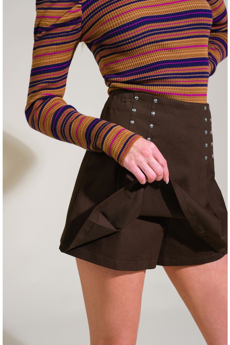 Studded Pleated Miniskort, Alternate, color, DARK BROWN