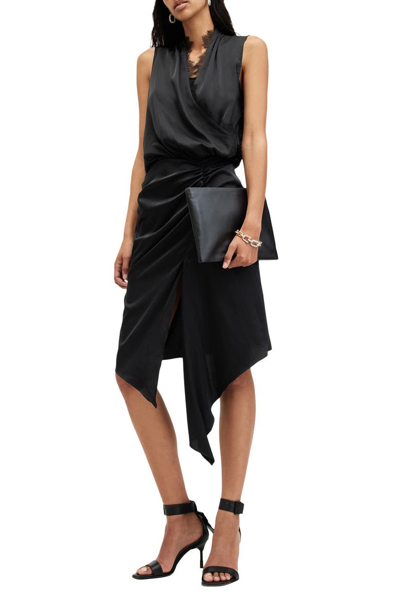 Abi Lace Trim Gathered Asymmetric Dress, Alternate, color, BLACK