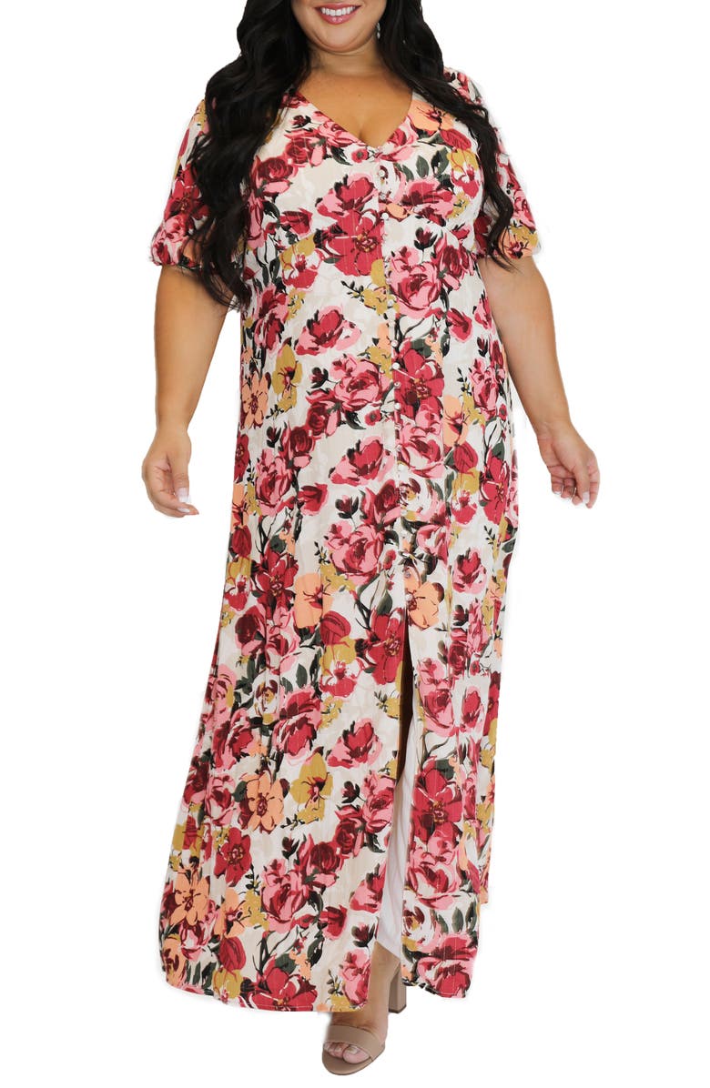 Marée Pour Toi Floral Metallic Stripe Peasant Bodice Dress, Main, color, 