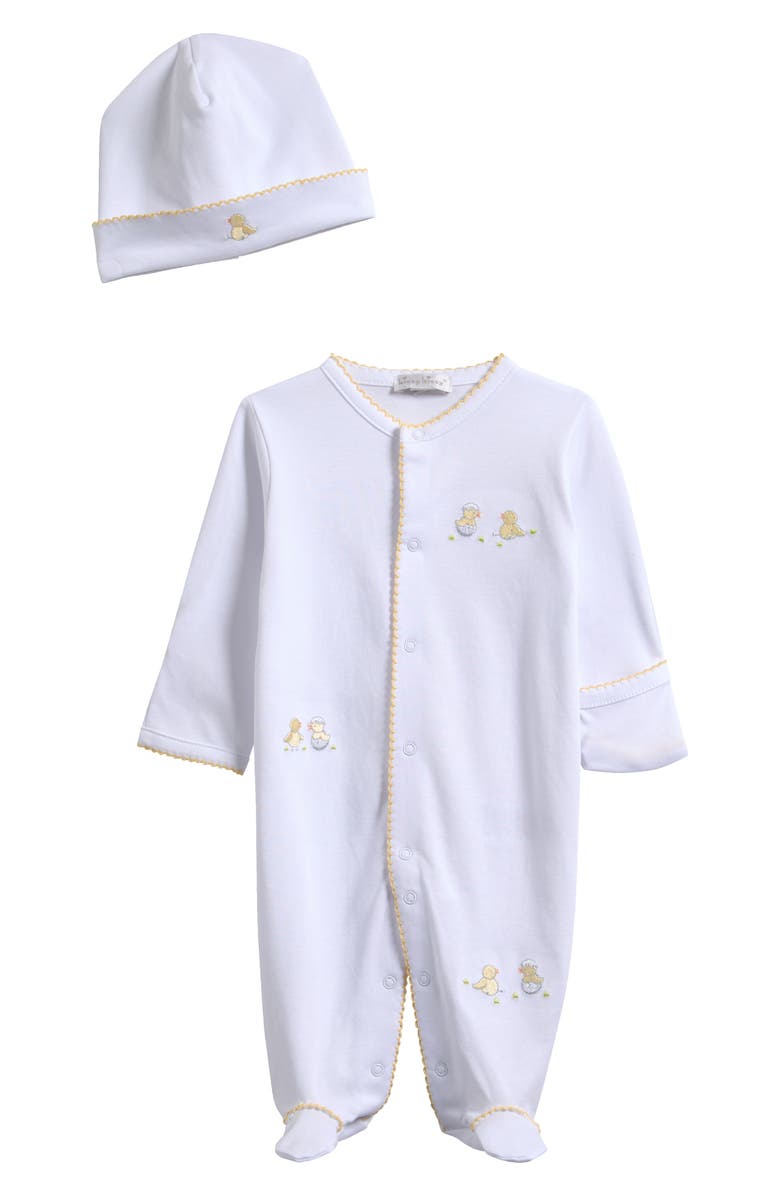 Kissy Kissy Hatchlings Embroidered Pima Cotton Footie & Hat Set, Main, color, White/ Silver