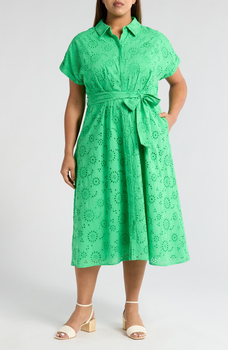 Caslon<sup>®</sup> Tie Waist Eyelet Shirtdress, Main, color, Green Celtic