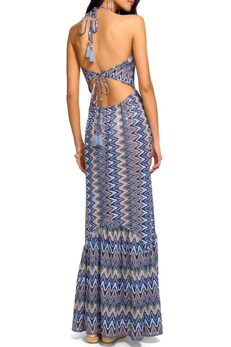 Delilah Metallic Semisheer Halter Cover-Up Maxi Dress, Alternate, color, OCEAN ZIGZAG