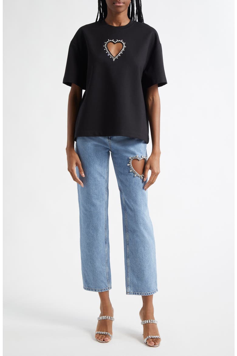 Crystal Trim Heart Cutout Relaxed Fit T-Shirt, Alternate, color, BLACK