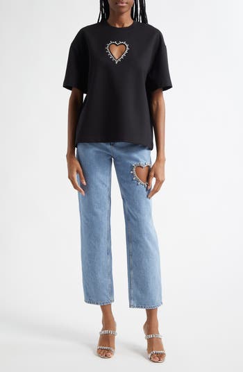 Crystal Trim Heart Cutout Relaxed Fit T-Shirt