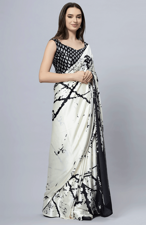One Minute Saree® Camille Cream Satin Crepe Pre-draped Saree With Black Print