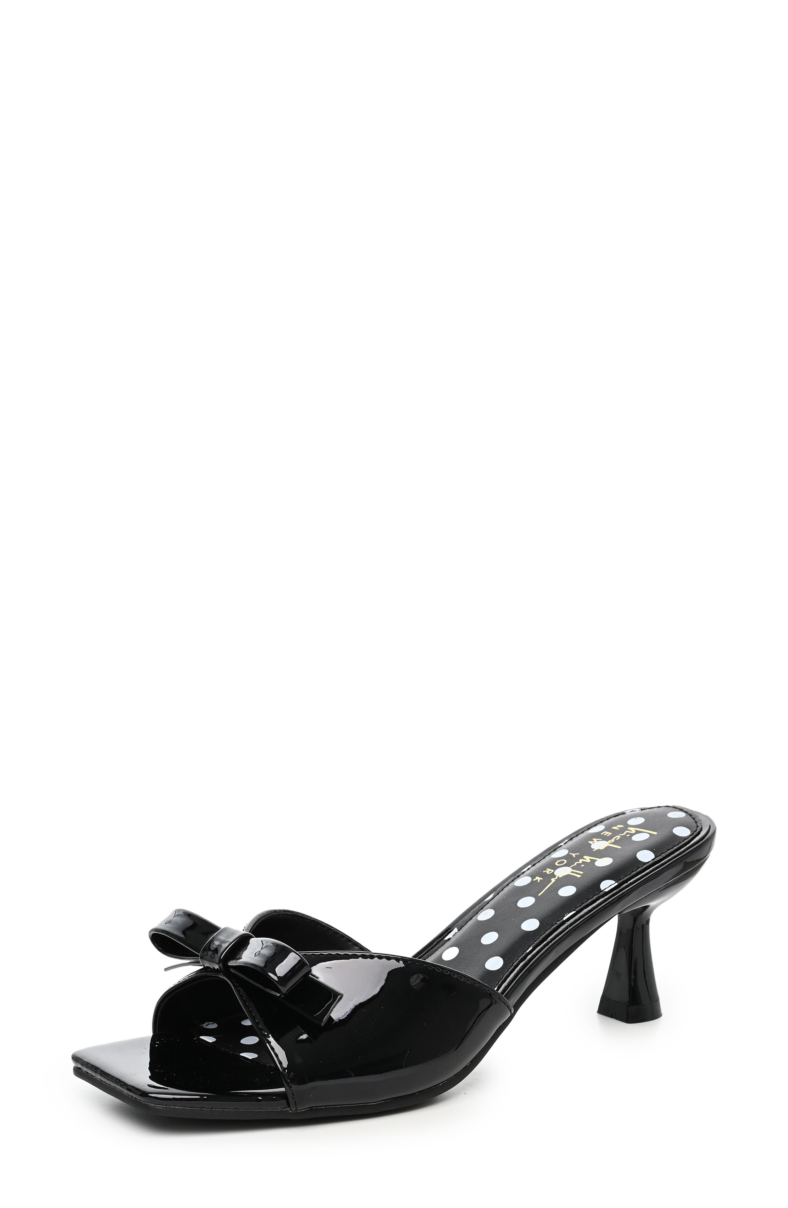 Bow Heeled Sandal, Main, color, BLACK PATENT POLKA