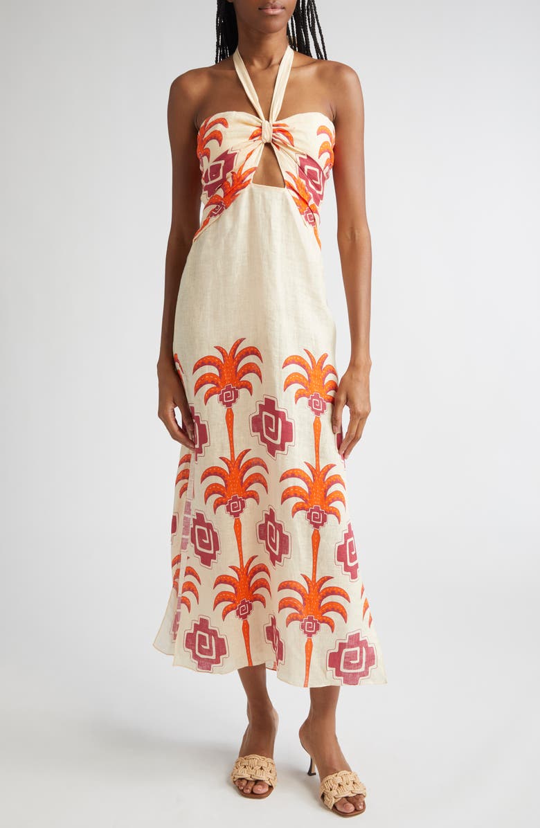 Johanna Ortiz Water Adventure Linen Midi Dress, Main, color, Ecru / Red/ Wine