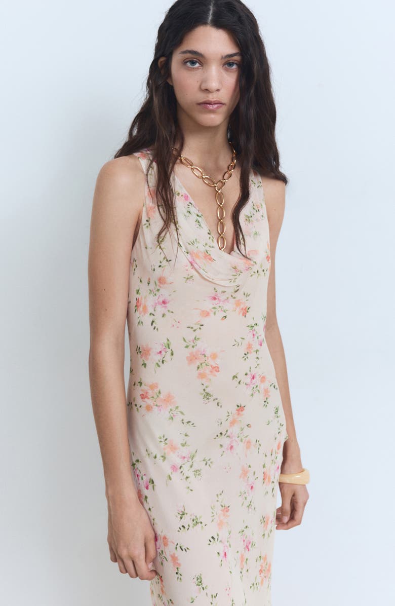 MANGO Floral Print Cowl Neck Dress, Alternate, color, Salmon