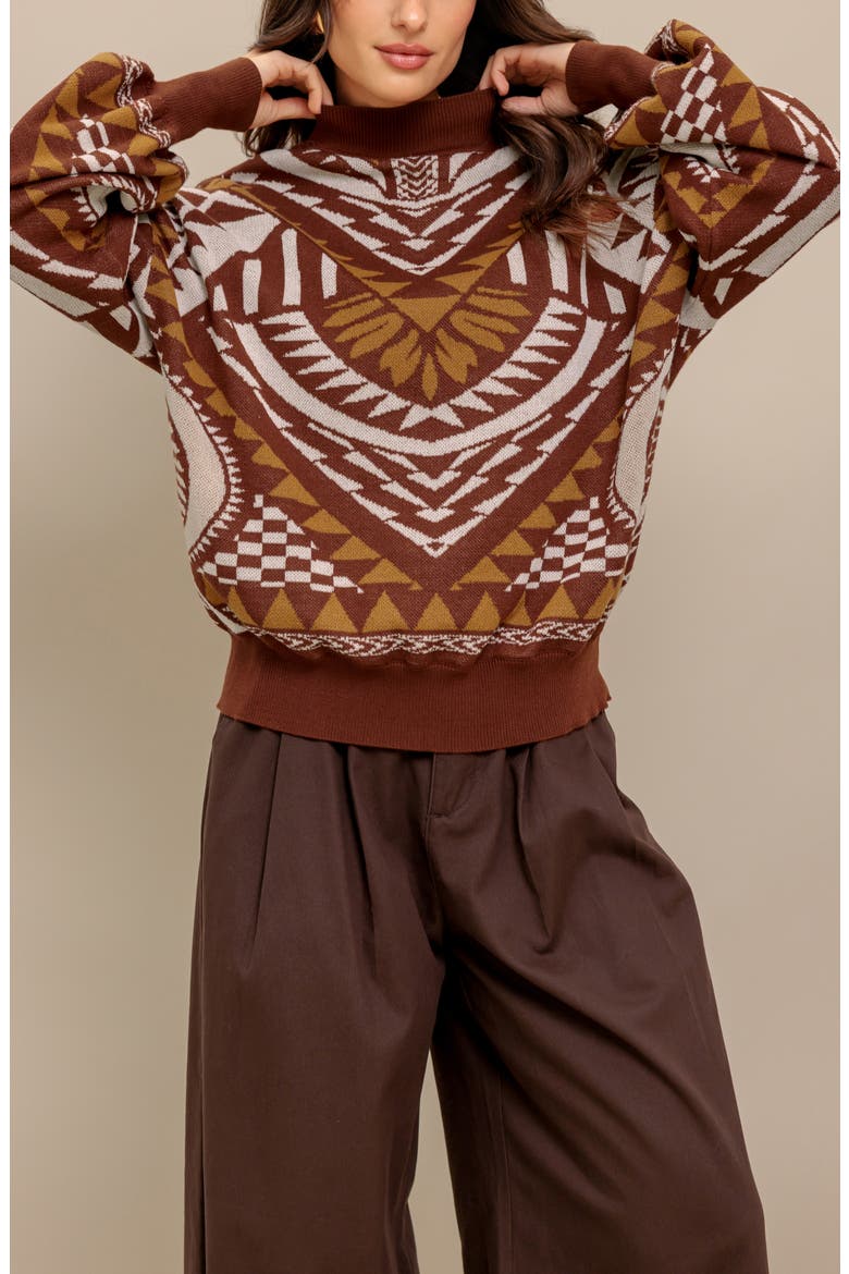 Geometric Balloon Sleeve Sweater, Alternate, color, BROWN