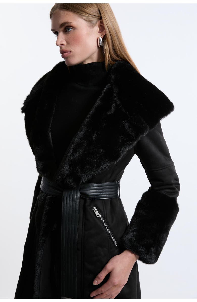 Karen Millen Faux Shearling Belted Midi Coat, Alternate, color, Black