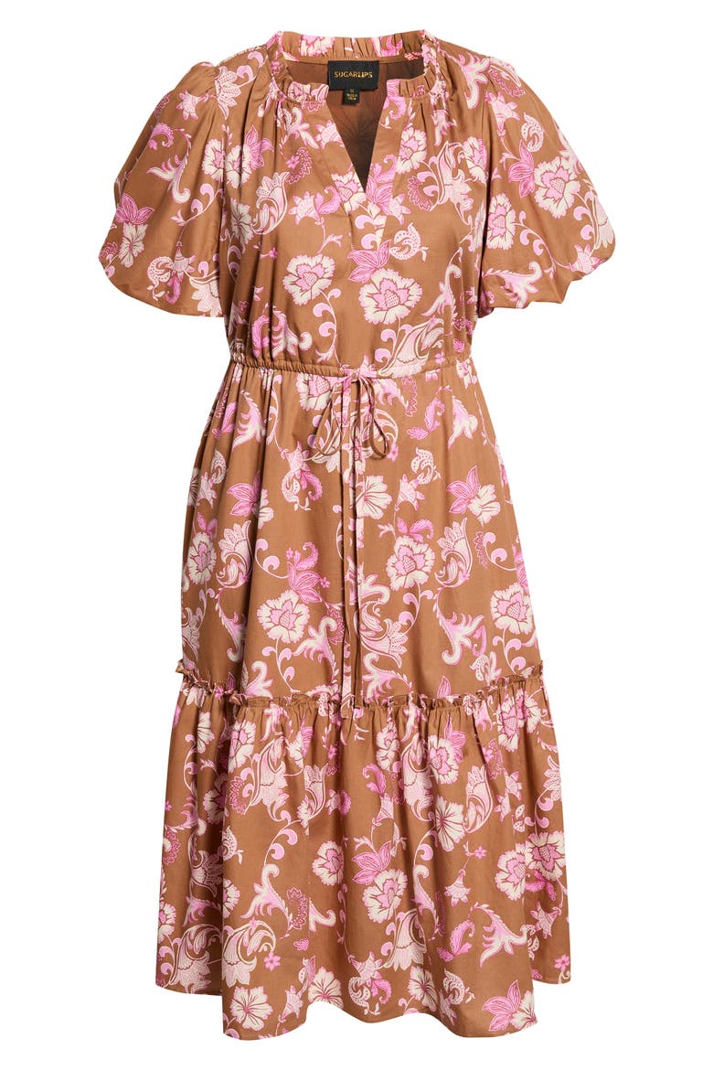 Ginny Bubble Sleeve Midi Dress, Alternate, color, BROWN-MULTI