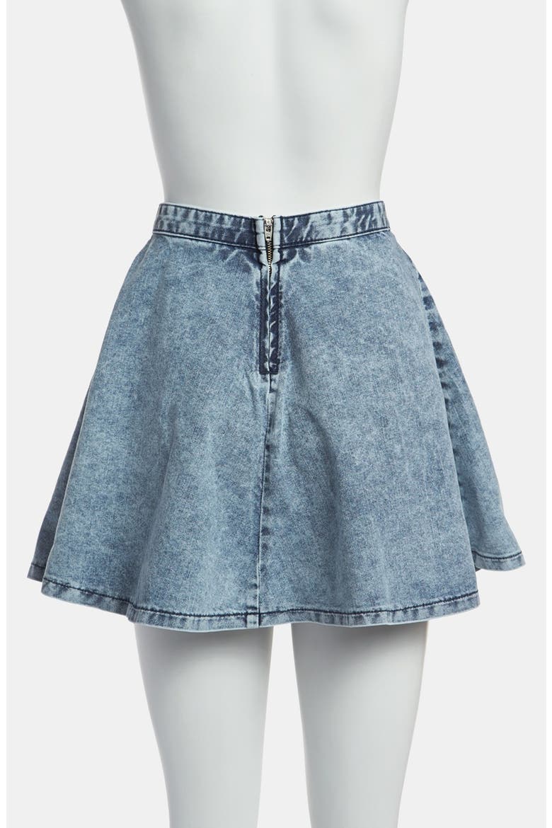 Moto Acid Wash Denim Skater Skirt, Alternate, color, MID DENIM