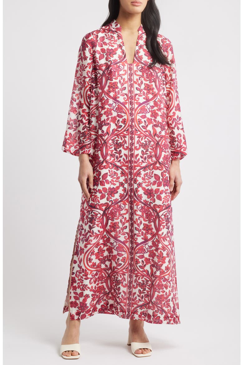 Irella Floral Mixed Print Long Sleeve Caftan Dress, Main, color, COCONUT