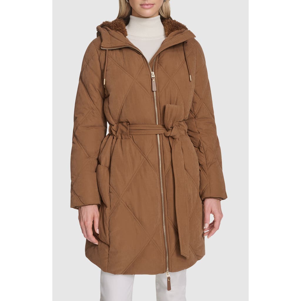 Andrew Marc Hollis Belted Faux Fur Lined Parka In Brown